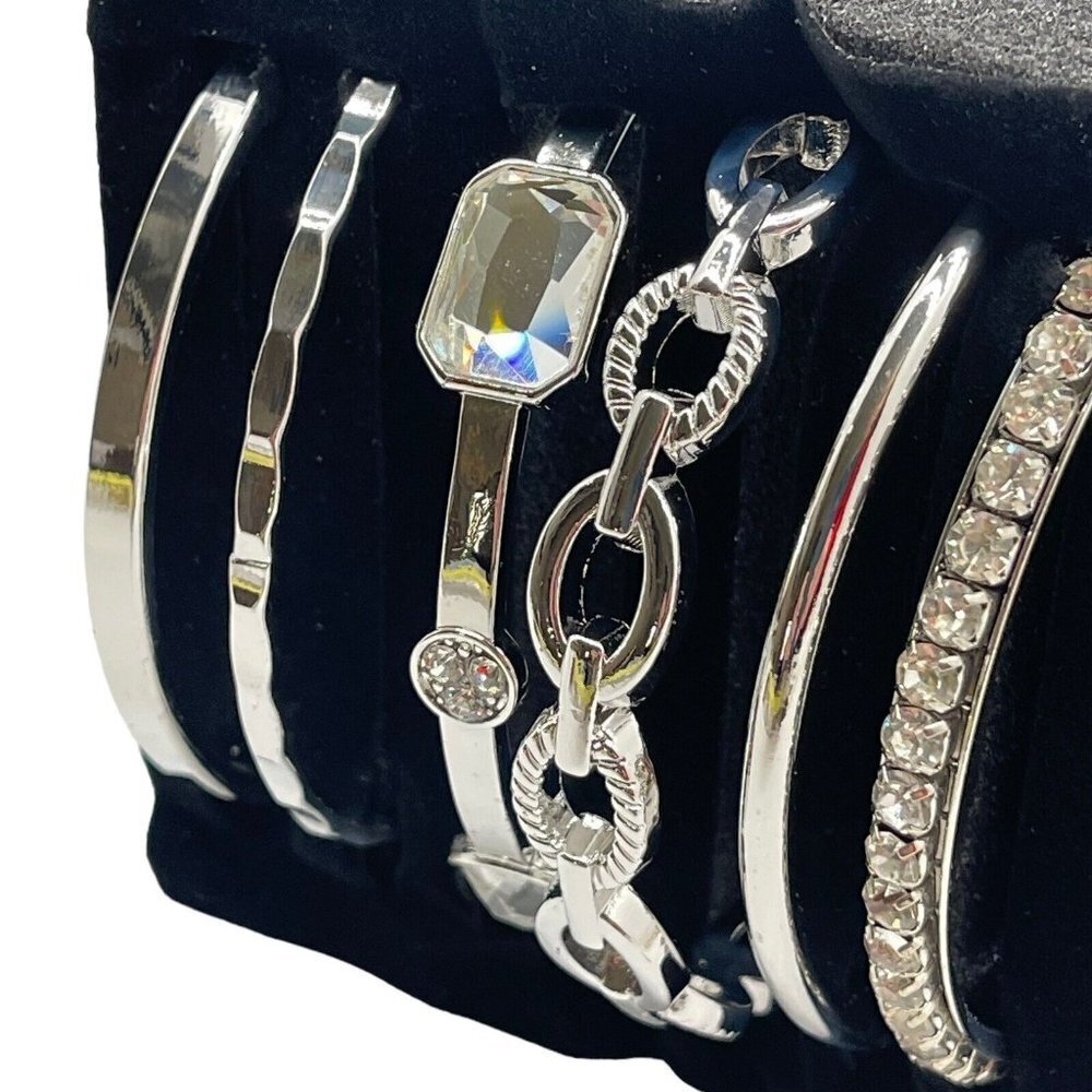 6 Fashion Bangle Bracelets Silver Tone Rhinestone Christopher & Banks New